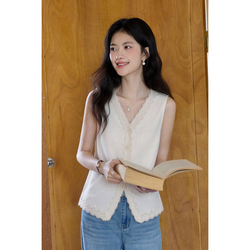 弥古法式蕾丝v领马甲背心女外穿莱赛尔天丝亚麻无袖上衣2026夏季