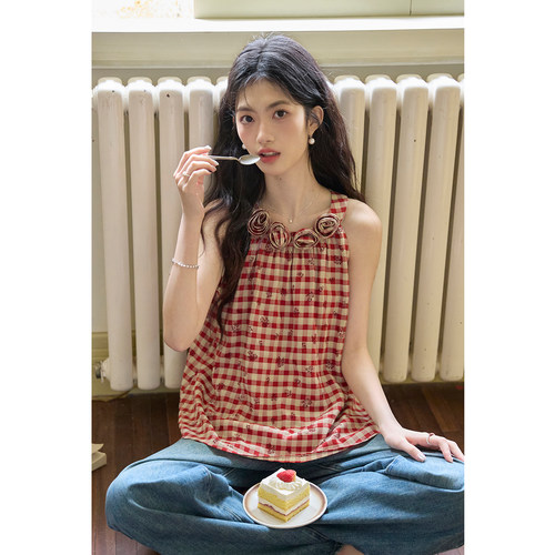 弥古红色格子挂脖背心女外穿高级感立体花朵无袖上衣2026夏季新款