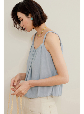 弥古蓝色冰丝雪纺吊带背心女夏外穿海边度假短款上衣新款打底内搭