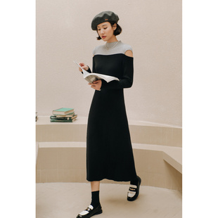 弥古2025秋冬内搭连衣裙黑色半高领长袖针织裙女高级感修身打底裙