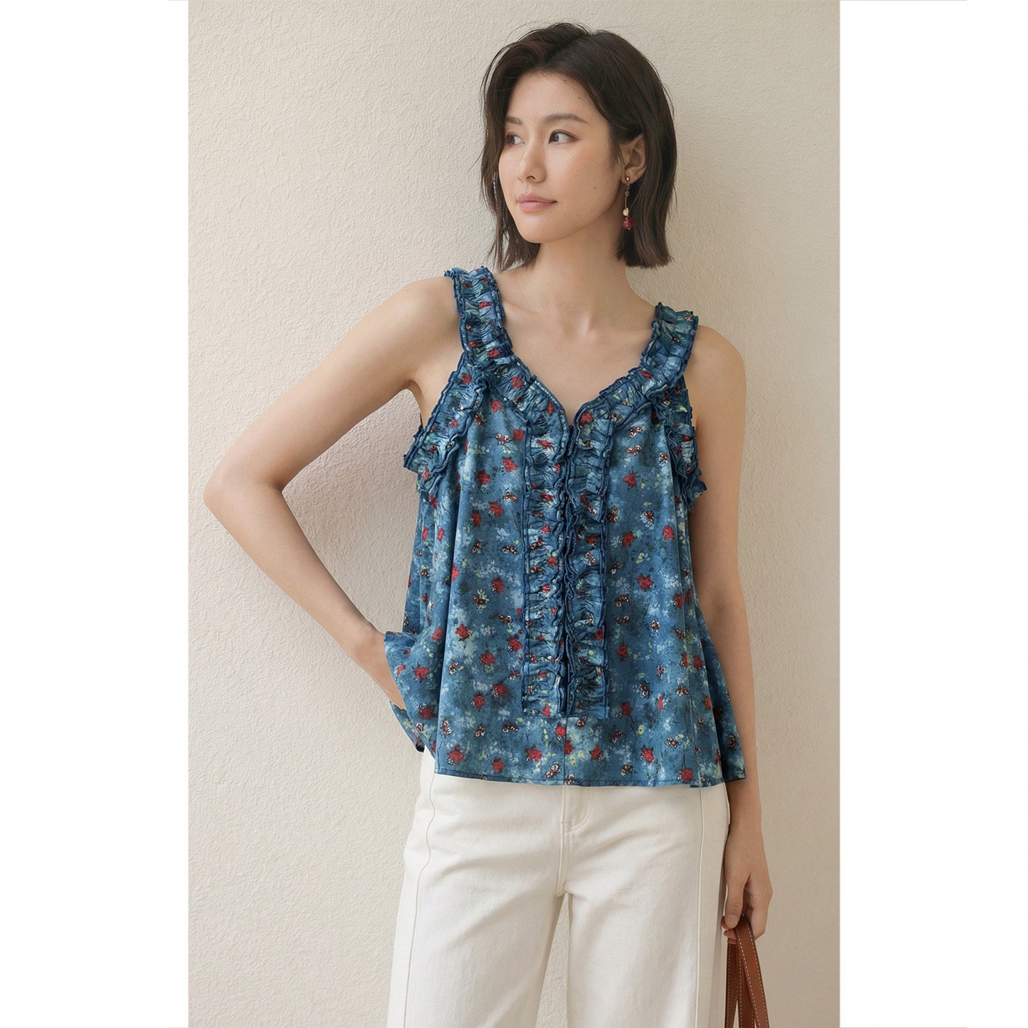 弥古蓝色碎花波西米亚吊带上衣女夏2026新款外穿宽松度假v领背心