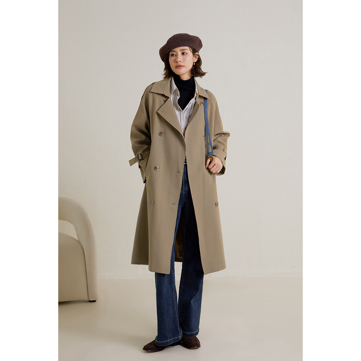 弥古卡其色长款风衣外套女春秋小个子宽松韩版时尚翻领英伦风大衣,女装/女士精品,风衣,淘宝优惠券,粉丝福利购,淘宝优惠卷