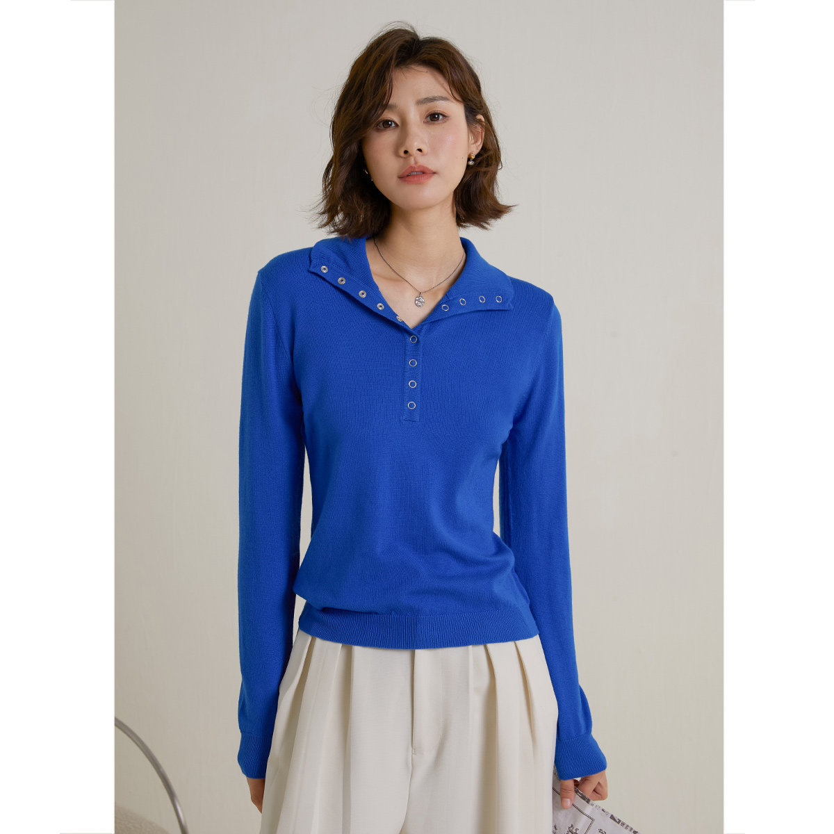 弥古蓝色polo领长袖针织衫女春季外穿打底内搭设计感显瘦上衣