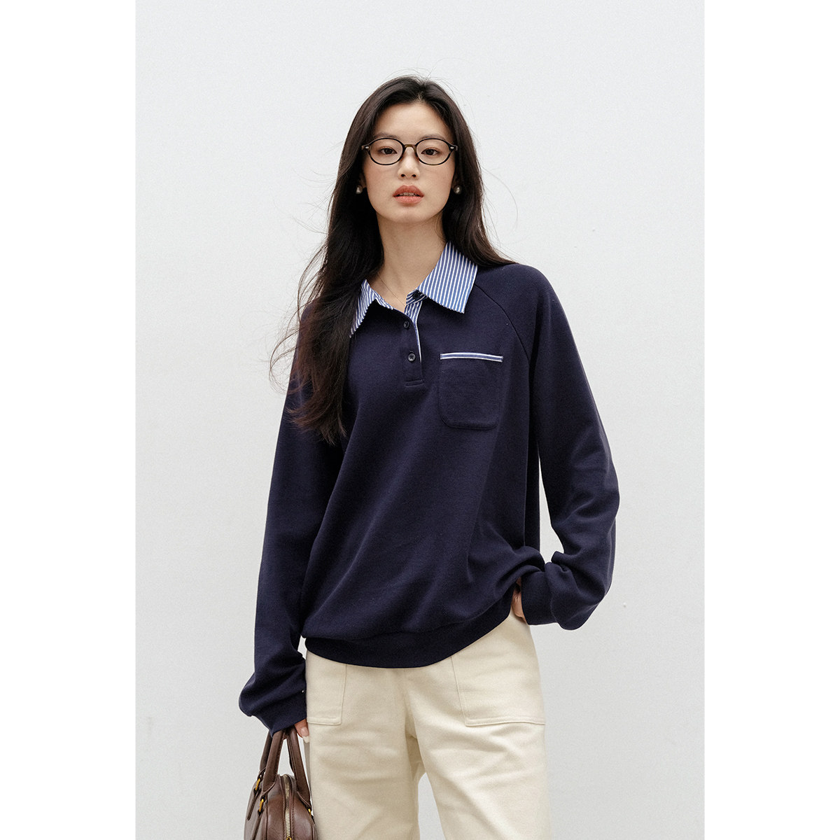 弥古藏蓝色条纹翻领卫衣女春秋宽松纯棉长袖t恤高级感假两件上衣