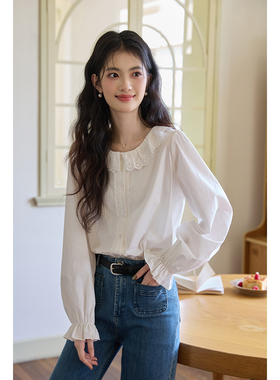 弥古法式娃娃领白色衬衫女2025新款秋冬内搭长袖打底纯棉衬衣上衣