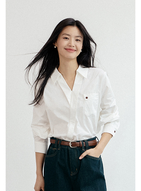 弥古白色v领纯棉衬衫女上衣2025秋冬内搭长袖高级感正肩法式衬衣