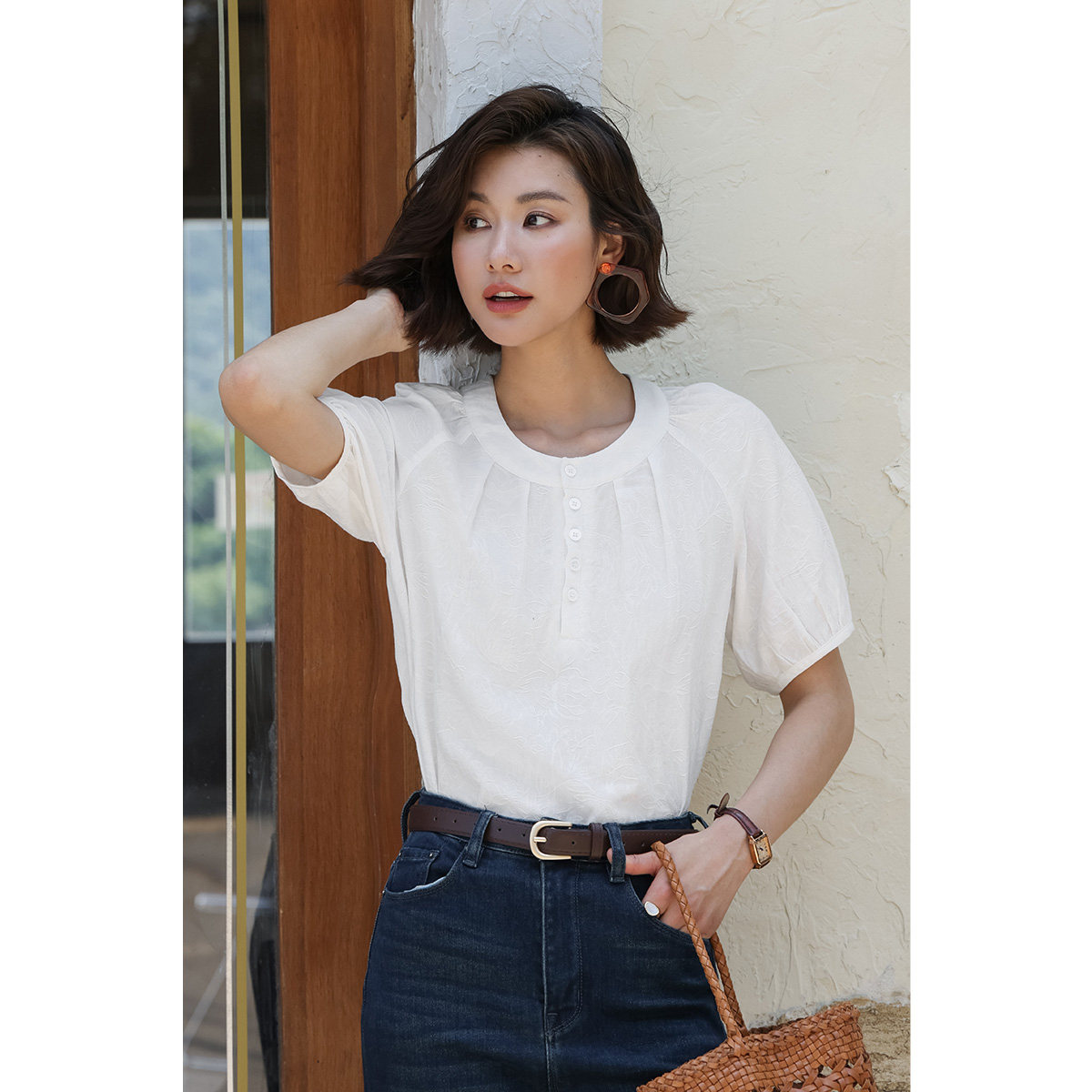 弥古白色法式上衣小众不撞款短袖纯棉衬衣女款夏季高级感正肩衬衫