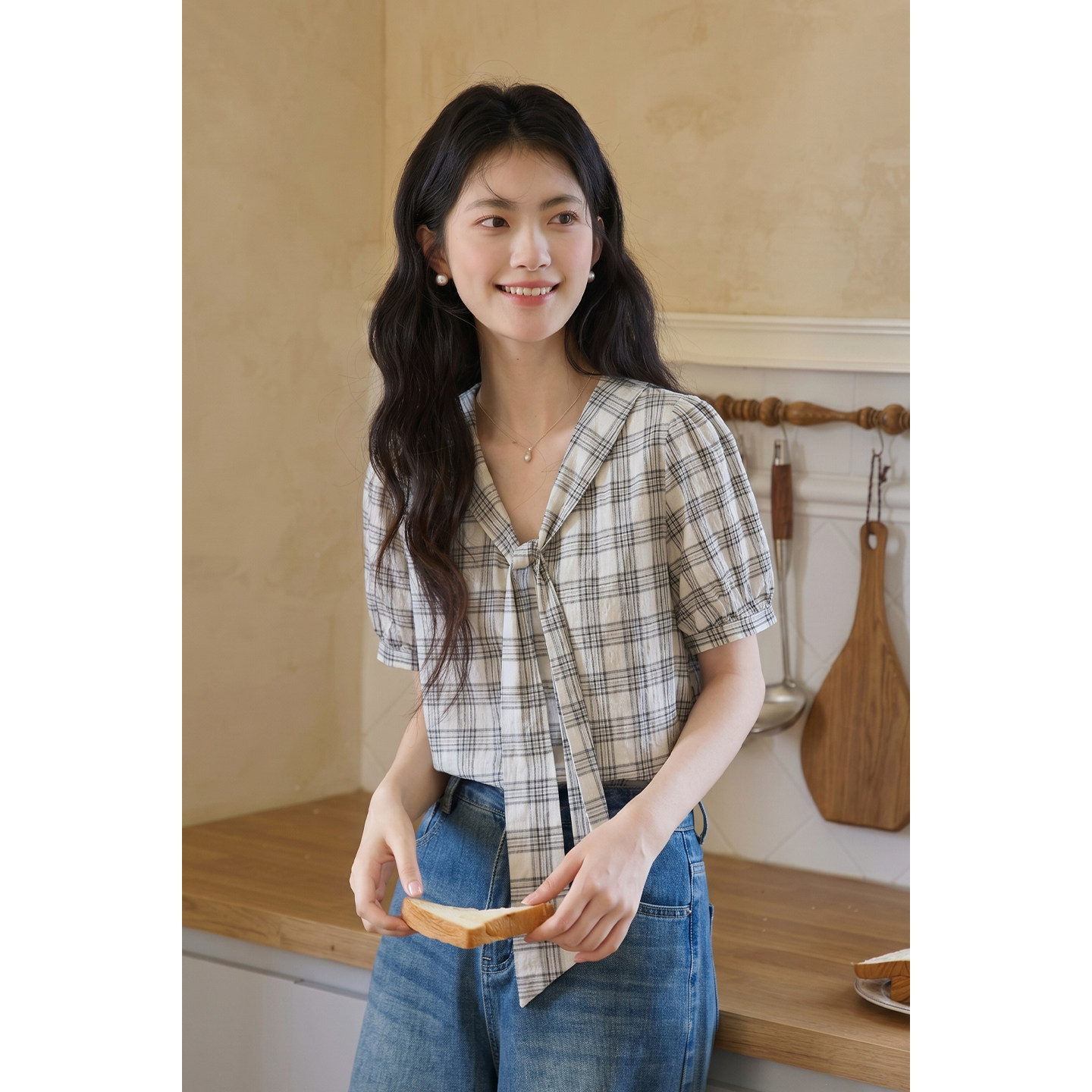 弥古复古格子衬衫上衣女2026夏季新款短袖海军领衬衣宽松通勤女装