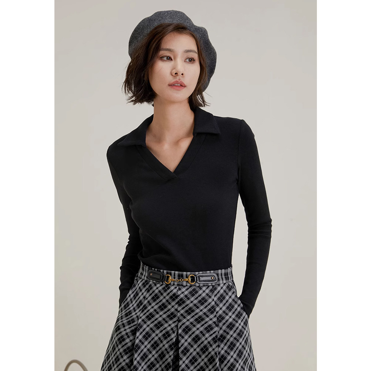 弥古黑色翻领针织衫法式修身长袖正肩t恤女春季外穿内搭打底上衣