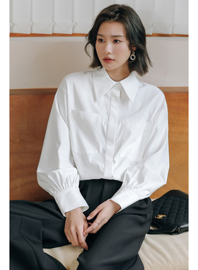 弥古法式白色泡泡袖衬衫女秋冬打底内搭上衣高级感宽松灯笼袖衬衣