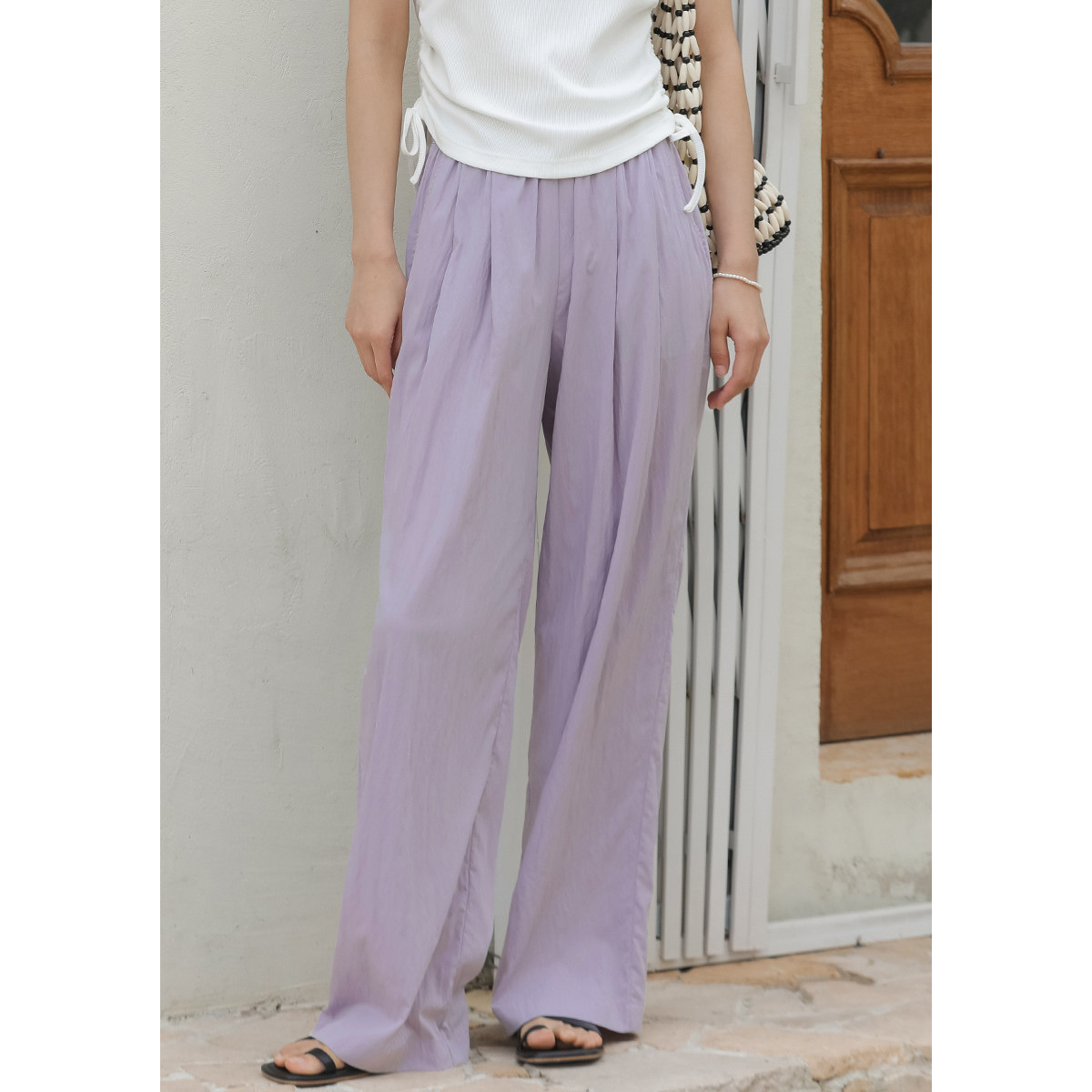 弥古紫色冰丝阔腿裤女夏季薄款裤子气质山本裤直筒休闲裤高腰长裤