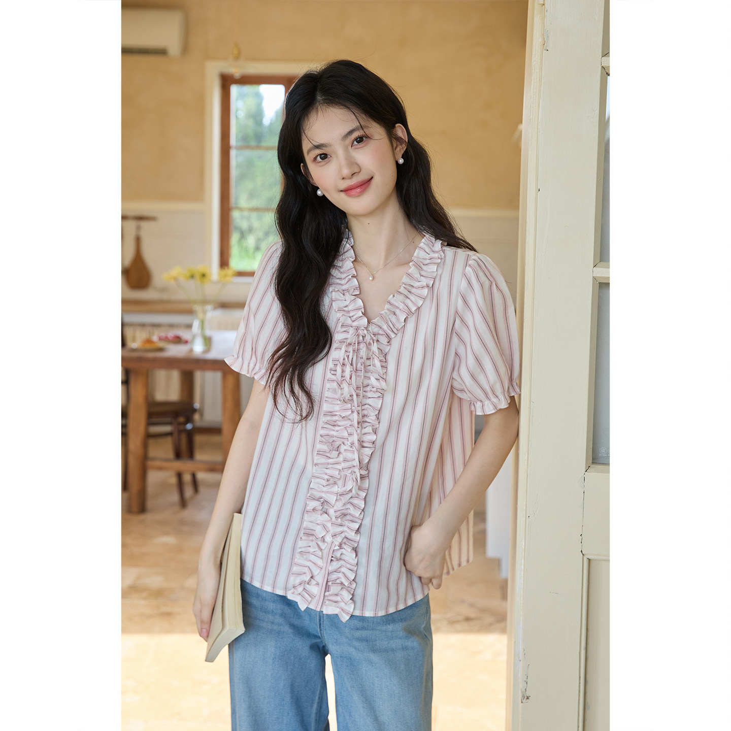 弥古短袖粉色条纹衬衫上衣女2026夏季新款宽松法式泡泡袖娃娃衬衣