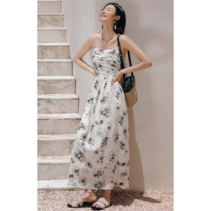 弥古法式抹胸碎花连衣裙高级感雪纺吊带裙女夏海边长裙度假沙滩裙