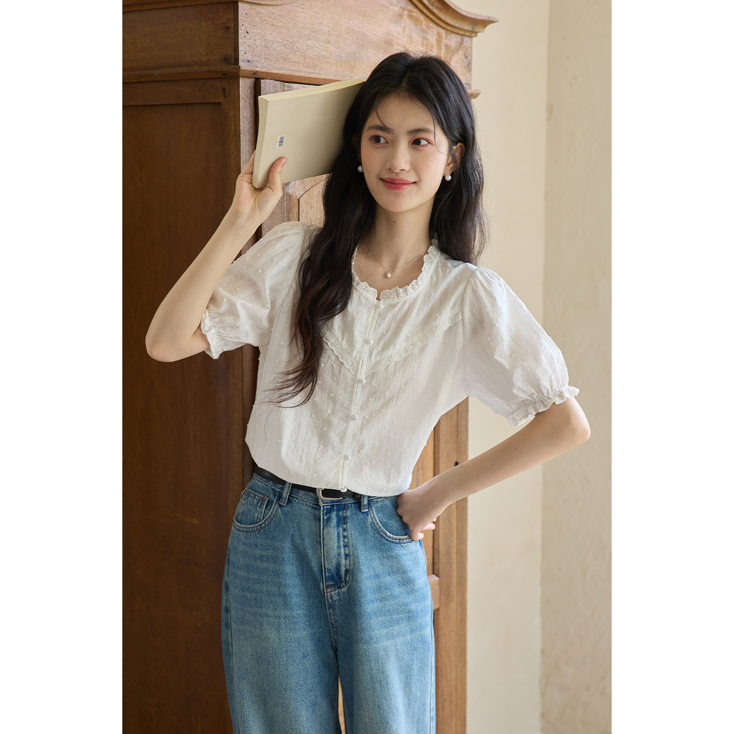 弥古法式蕾丝白色娃娃衬衫上衣女高级感2026夏季纯棉短袖条纹衬衣