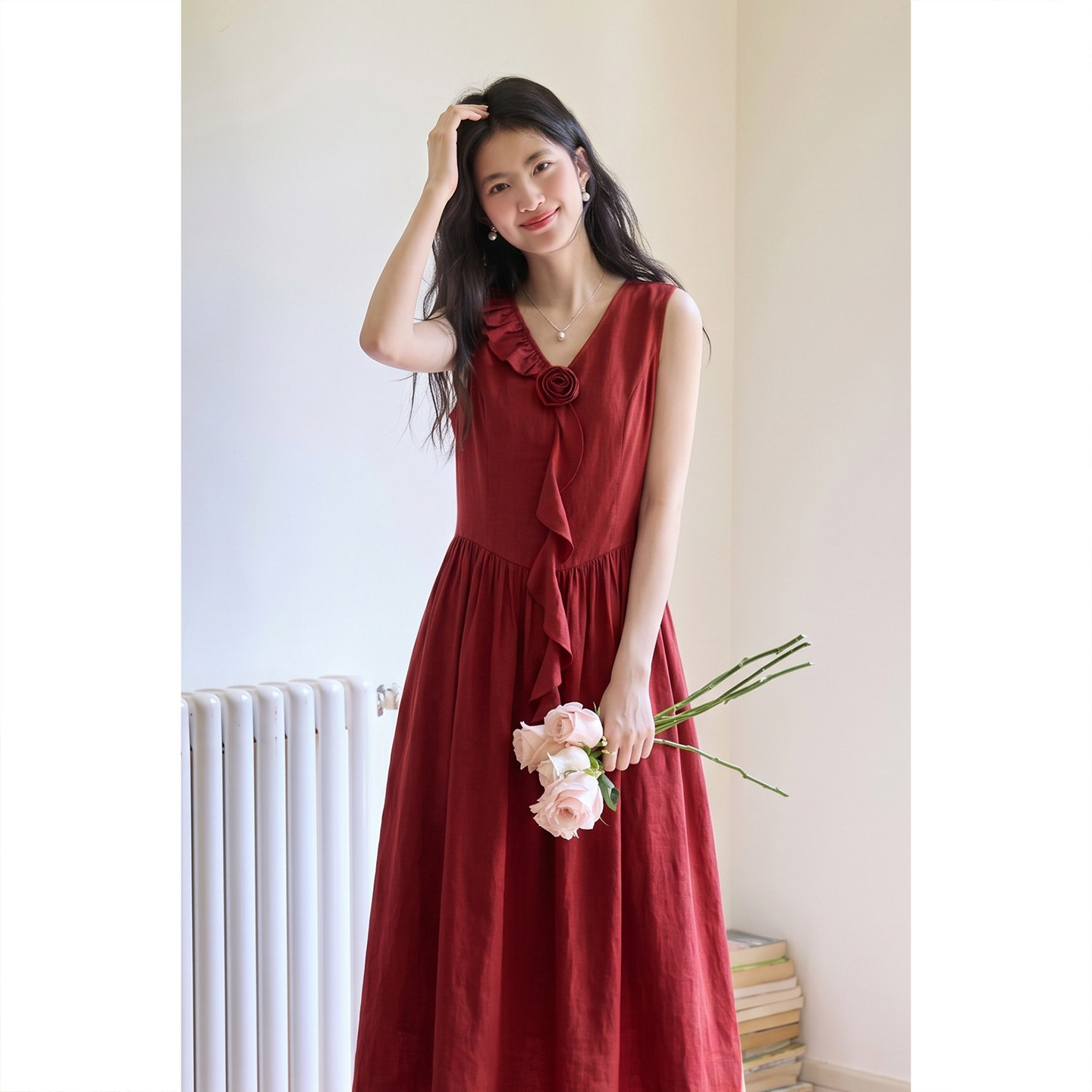 弥古复古红色背心裙女高级感无袖连衣裙2026夏季新款度假长裙图片
