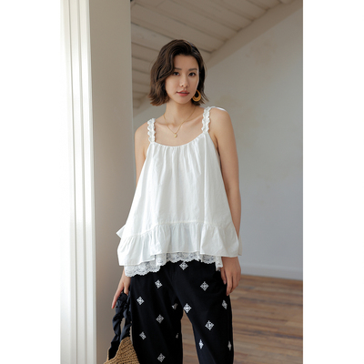 弥古白色吊带背心女外穿宽松高级感蕾丝拼接无袖上衣2025夏季新款