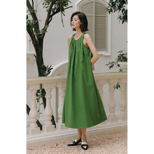 弥古绿色吊带挂脖连衣裙无袖法式背心裙女裙子夏季海边度假长裙夏