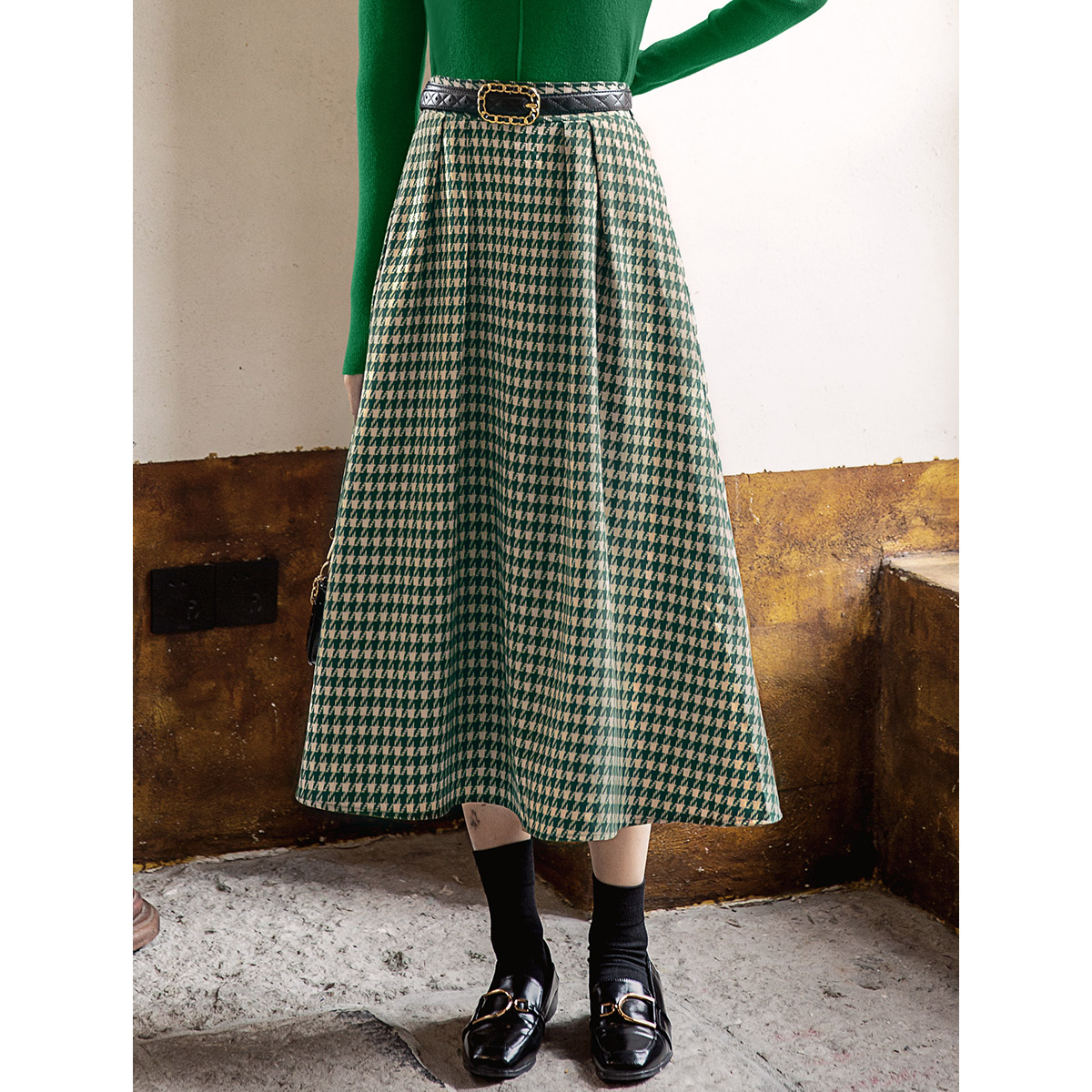 弥古法式千鸟格半身裙中长款