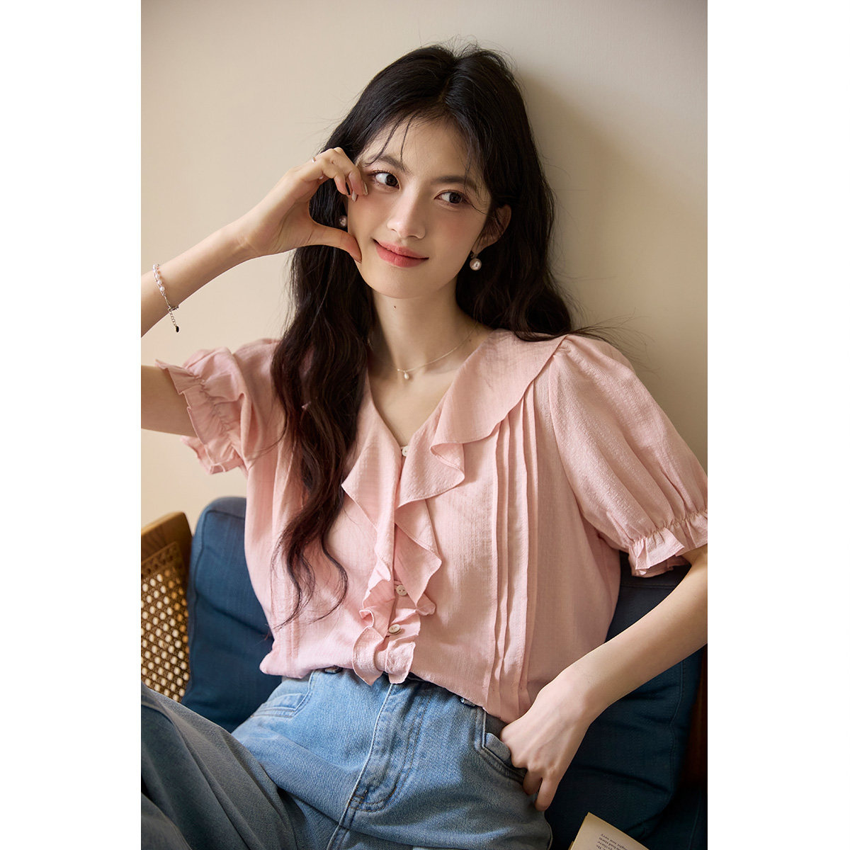 弥古粉色荷叶边衬衫正肩上衣女2026夏季娃娃衫短袖法式泡泡袖衬衣
