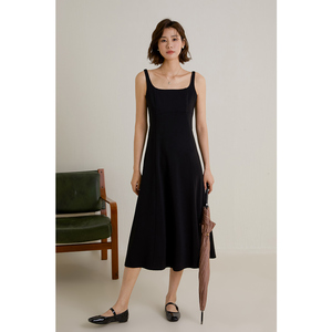 弥古黑色吊带连衣裙修身内搭打底裙小黑裙长裙女夏季赫本风背心裙