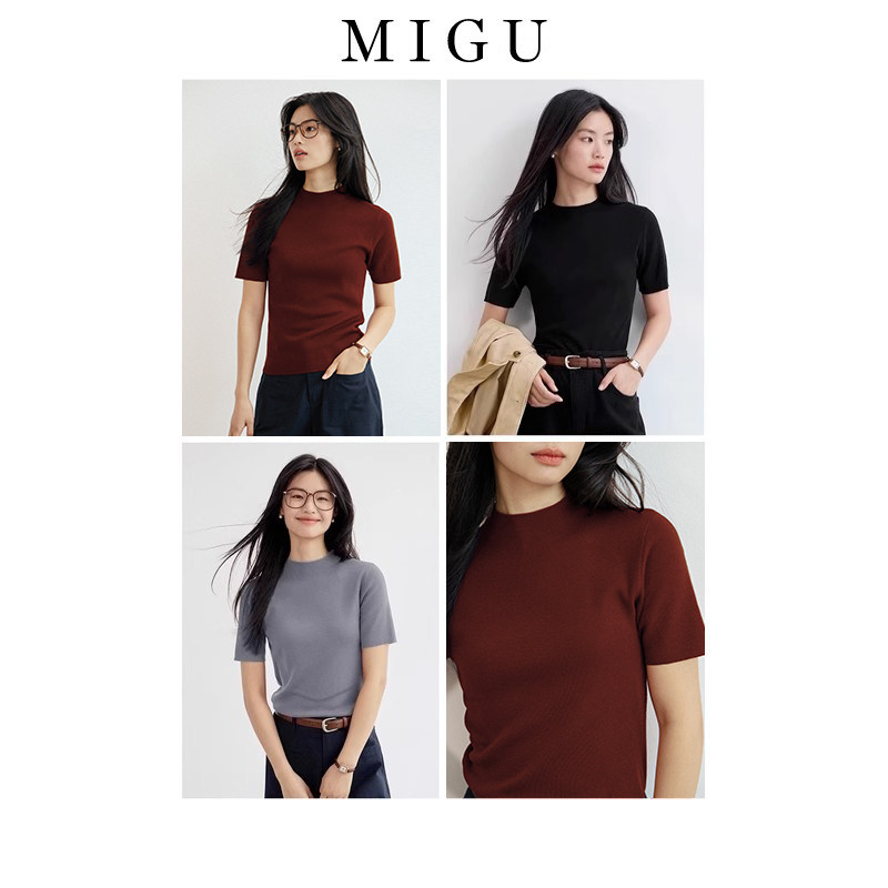 弥古半高领短袖t恤打底复古红色针织衫女气质高级感夏季通勤上衣