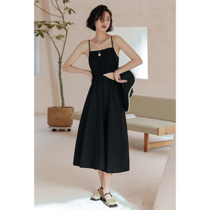 弥古法式设计感修身黑色连衣裙挖腰吊带裙女夏海边沙滩裙度假裙子