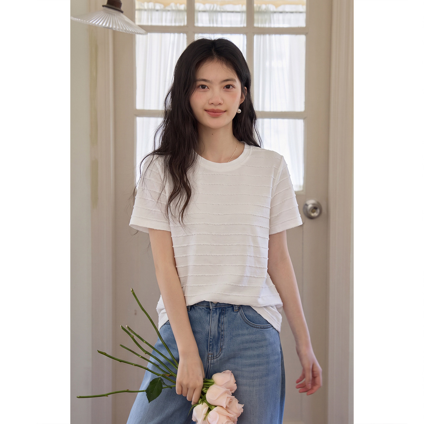 弥古正品白色条纹短袖t恤女上衣