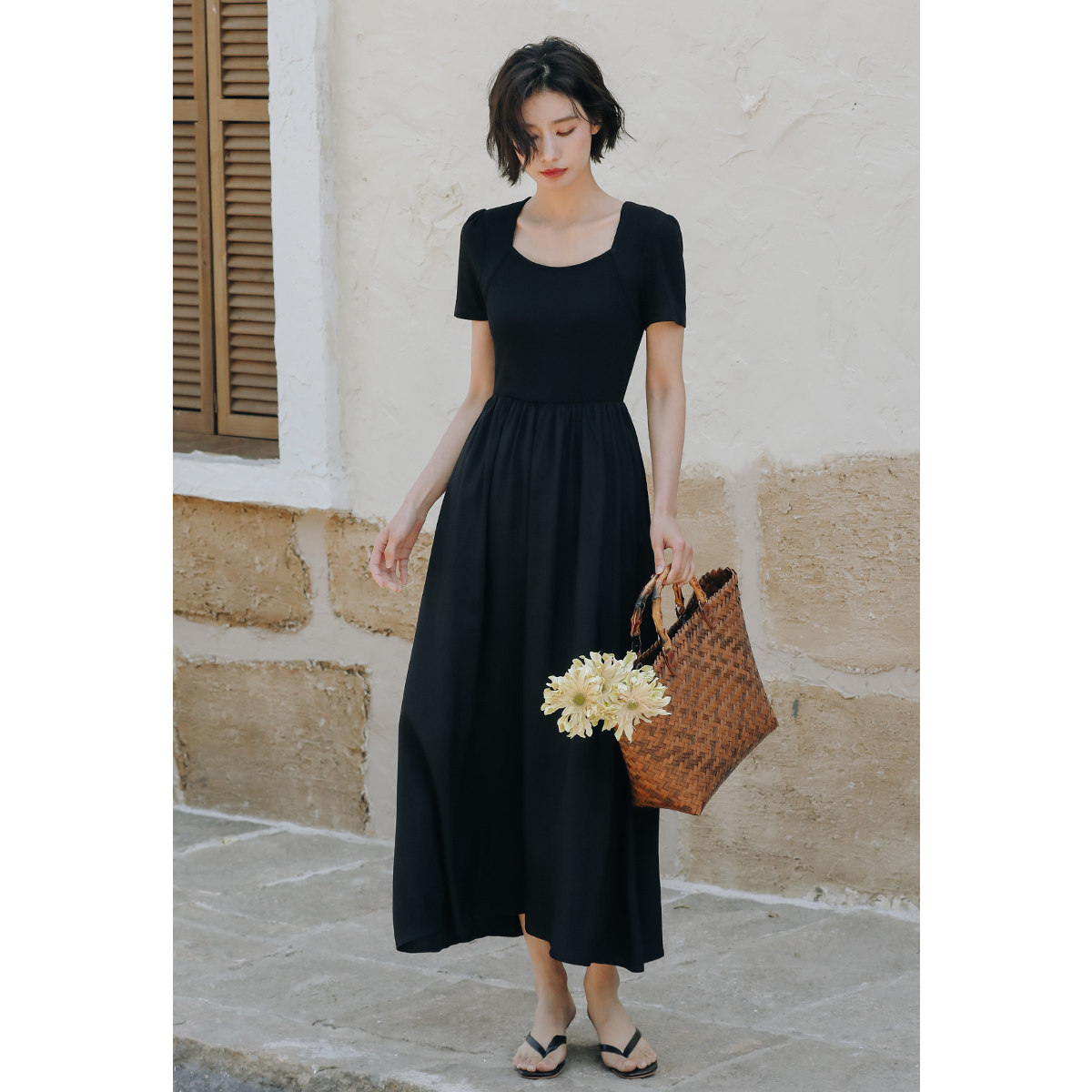 弥古黑色针织t恤连衣裙法式方领长裙高级感内搭小黑裙夏季打底裙