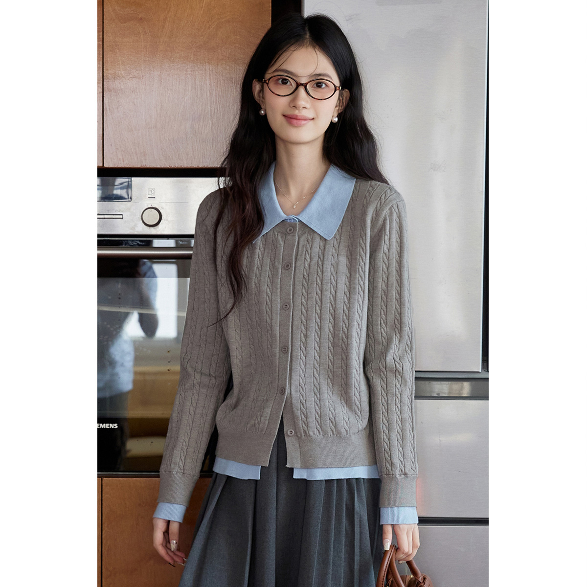 弥古撞色翻领polo领针织衫女修身2025春秋新款法式假两件上衣