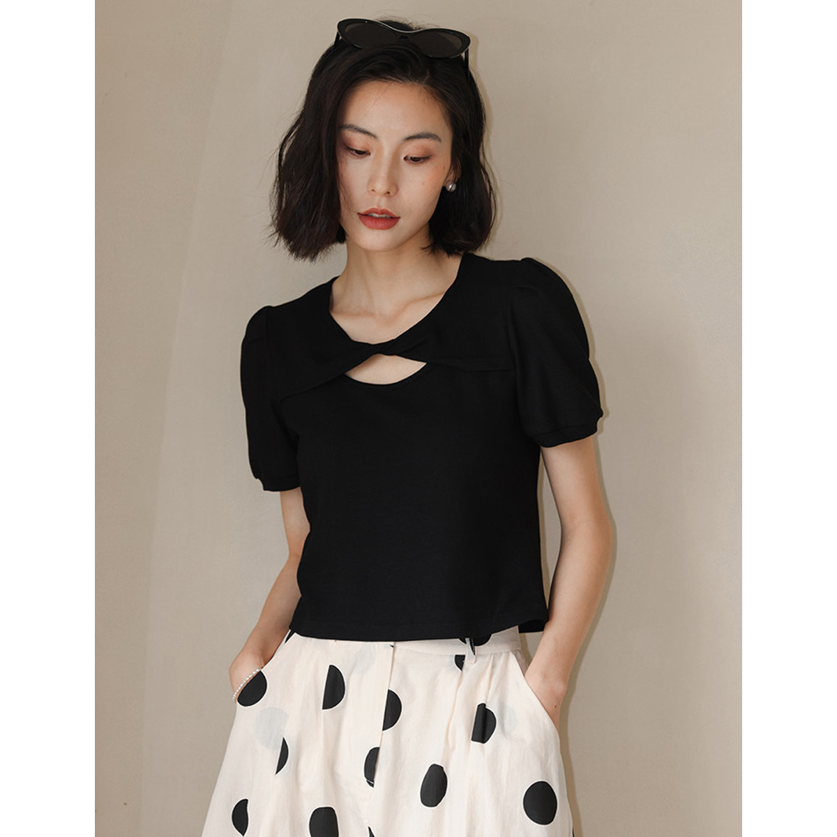 弥古黑色泡泡袖上衣设计感女小众法式夏冰丝短袖针织棉t恤高级感