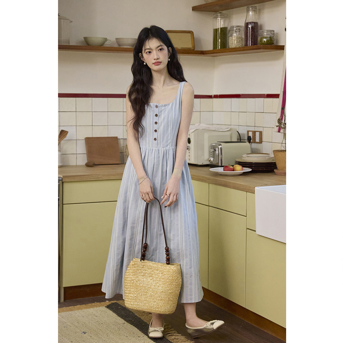 弥古法式方领蓝色条纹连衣裙女2026春季无袖纯棉背心裙高级感长裙,女装/女士精品,连衣裙,淘宝优惠券,粉丝福利购,淘宝优惠卷