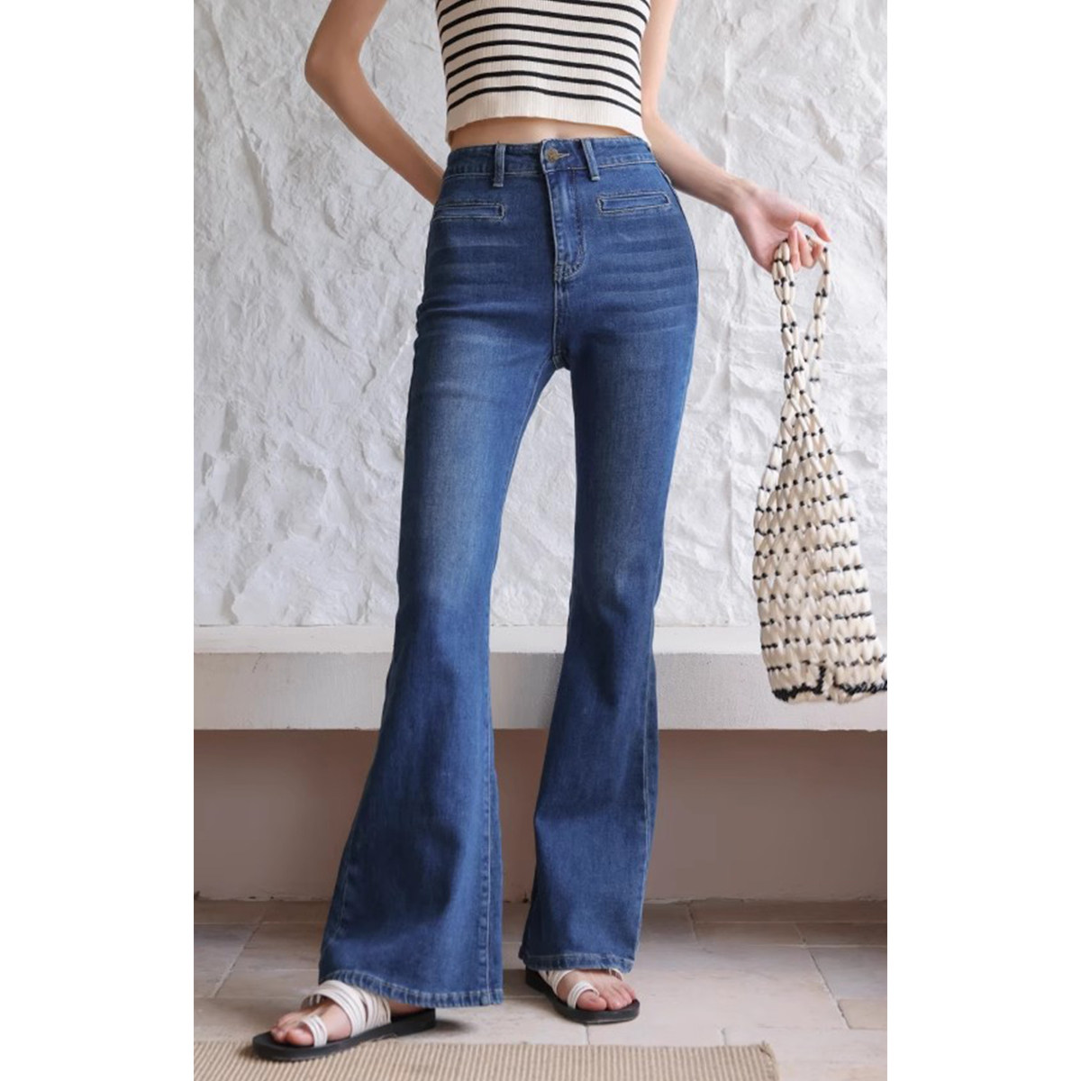 弥古微喇叭裤蓝色阔腿牛仔裤女夏季薄款高腰长裤休闲垂感显瘦裤子