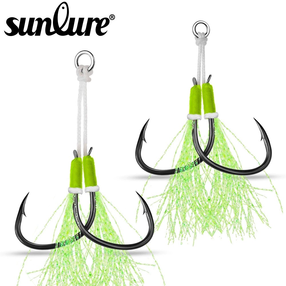 海钓铁板双钩 路亚铁板鱼钩 绑亮丝羽毛钩船钓高碳钢大力马线单钩