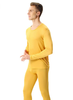 金黄色男士秋衣秋裤套服莫代尔春秋薄款加肥大码弹力保暖内衣纯色