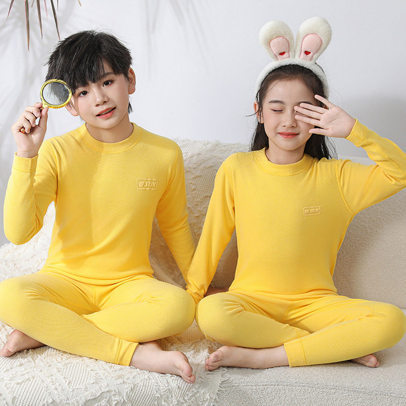 亮黄色儿童保暖内衣男女童纯色中大童内衣青少年学生秋衣秋裤套装