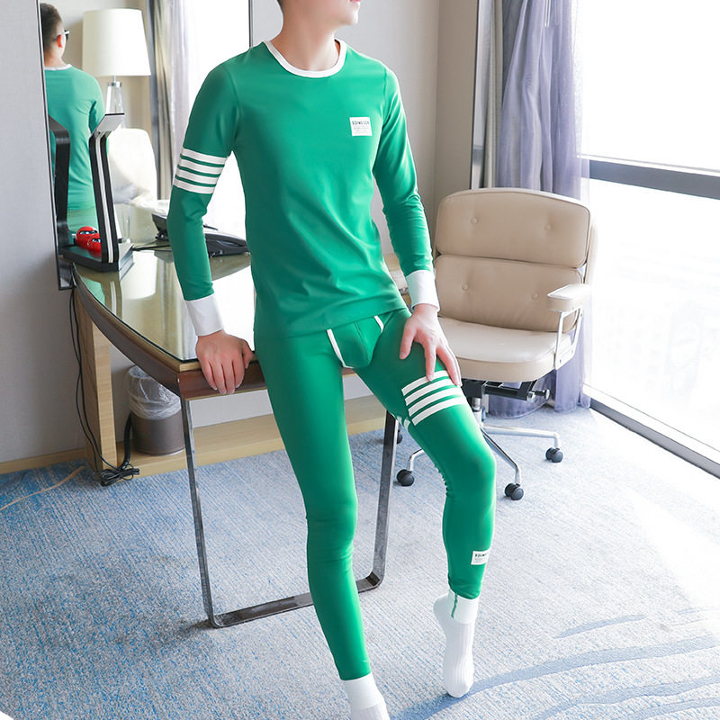 绿色男士秋衣秋裤薄款套装新款潮流秋季保暖打底内衣秋冬时尚青年