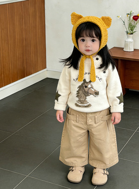 女宝宝早春两件套韩版婴儿可爱卡通小马毛衣洋气时髦针织衫阔腿裤