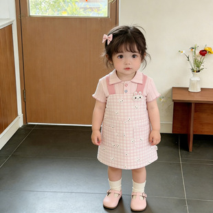 韩系女宝宝甜美背带群套装夏季洋气polo领短袖t恤夏天婴儿外出服