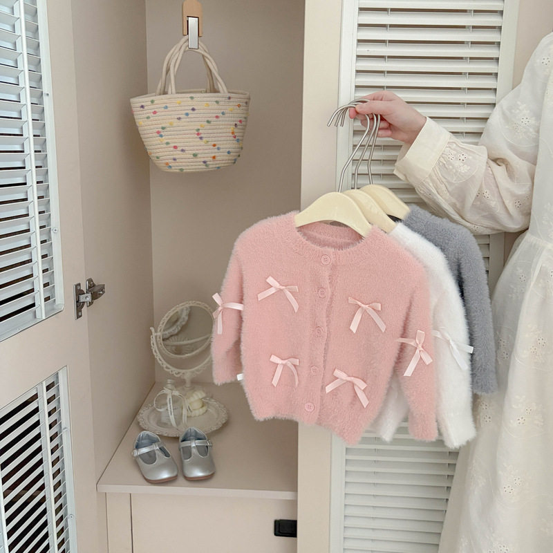 女童秋冬甜美蝴蝶结仿水貂绒开衫2026新款洋气软糯公主风针织外套