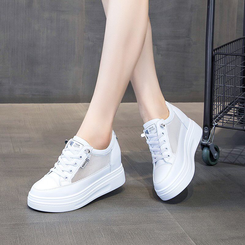 内增高一脚蹬7CM秀气真皮小白鞋厚底镂空网面凉鞋学生休闲板鞋女