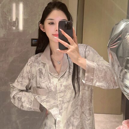 网红爆款水墨画冰丝睡衣女夏季翻领长袖可外穿宽松显瘦凉感家居服