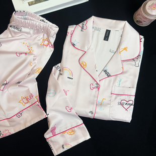 2025新款 家居服 冰雪丝睡衣女高级感纯欲粉嫩少女印花甜美长袖 长裤