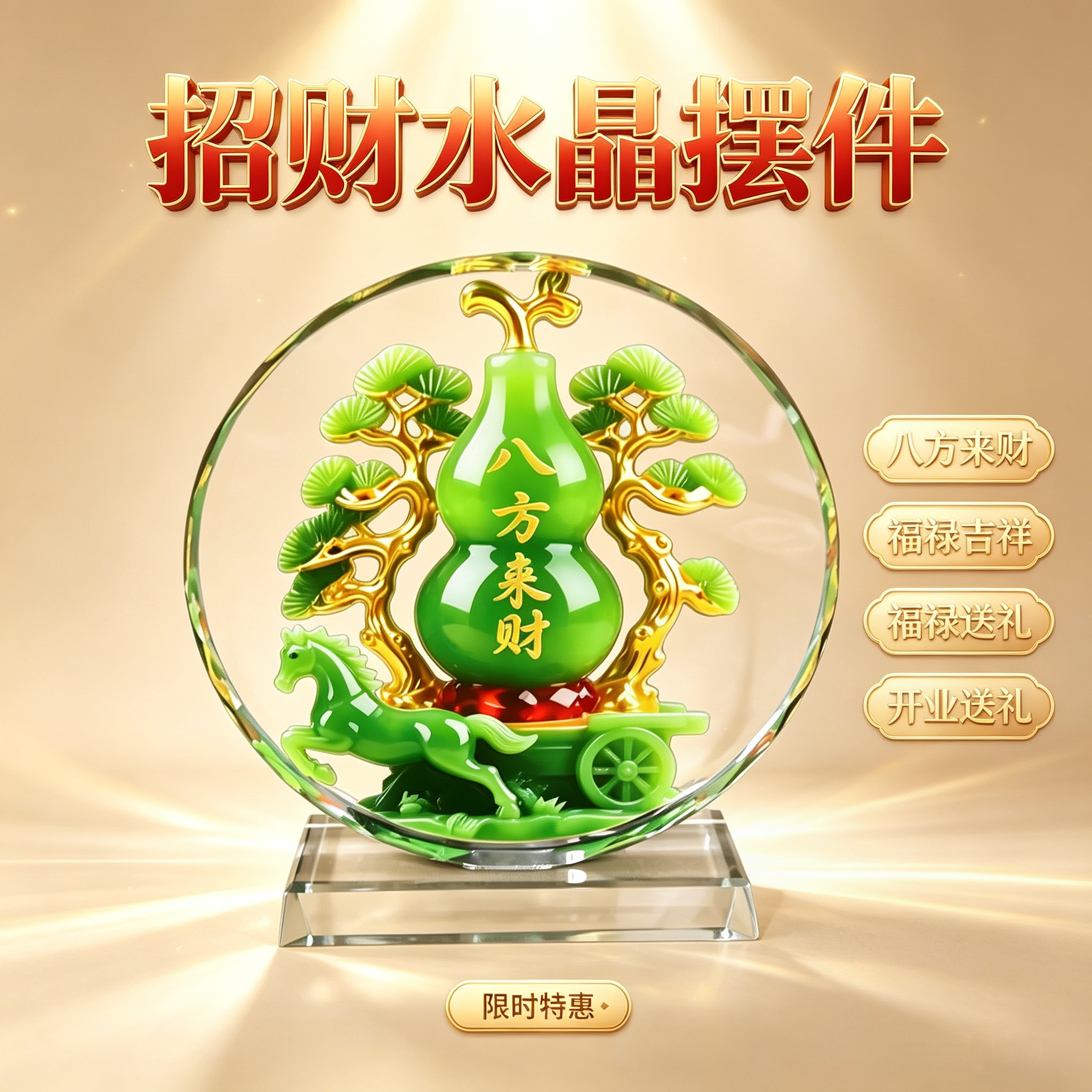 招财水晶摆件八方来财葫芦桌面装饰福禄吉祥开业乔迁送礼家居客厅