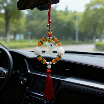 新款桃木汽车挂件平安车内吊饰黄杨木莲花后视镜挂饰钱袋满满车挂