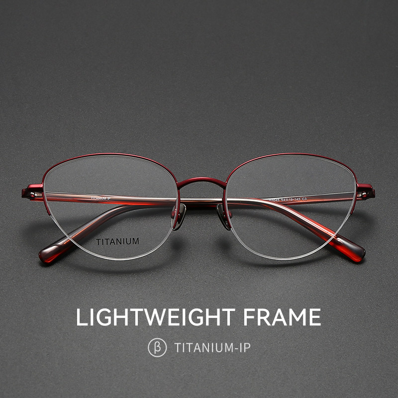 猫眼半框眼镜近视女款可配有度数红色素颜纯钛超轻眼睛框圆脸显瘦