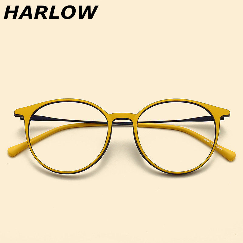 磨砂黄色眼镜框男女复古潮素颜近视可配度数圆R脸一体式鼻托眼镜