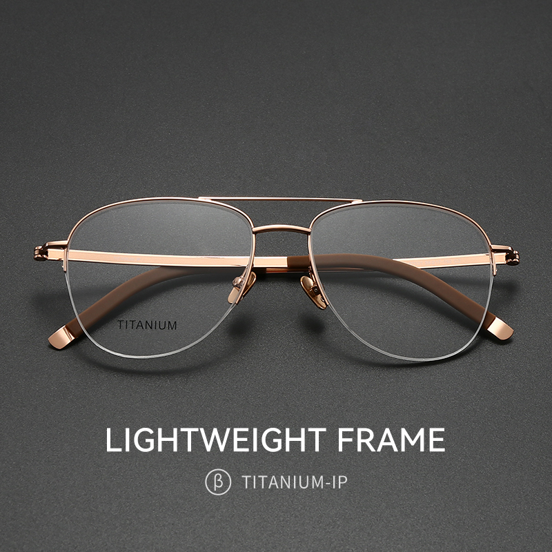 超轻纯钛半框眼镜近视可配度数男女蛤蟆款飞行员大框金丝双梁钛架