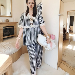 韩版时尚格子睡衣女夏季新款宽松大码棉麻家居服洋气两件套可外穿