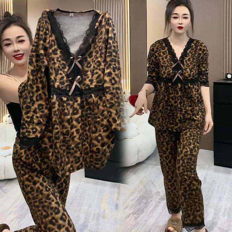 复古中式国风家居服洋气质豹纹宽松德绒磨毛加绒睡衣女秋冬可外穿