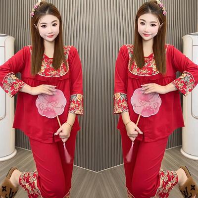 中国风七分袖本命年大红色喜庆民族风印花宽松纯棉睡衣女冬家居服